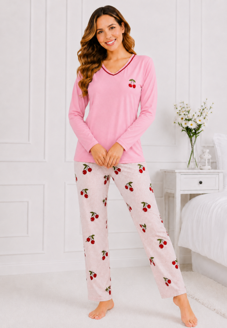 Pijama de damă cu bluză cu maneca lunga și pantaloni -Bleu ,Engros